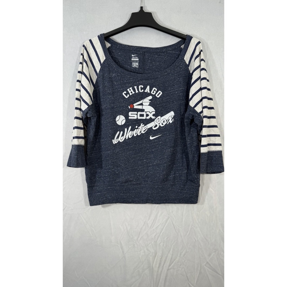 Nike Chicago White Six Boat Neck Stripe Raglan Long Sleeve T-Shirt,Navy, L Women